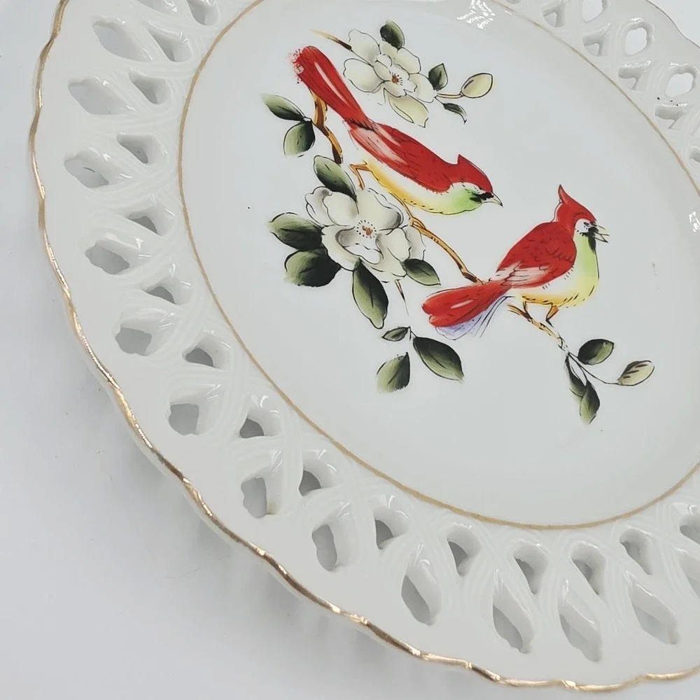 Vintage Cardinal Reticulated Display Plate Bird Collector Japan 8